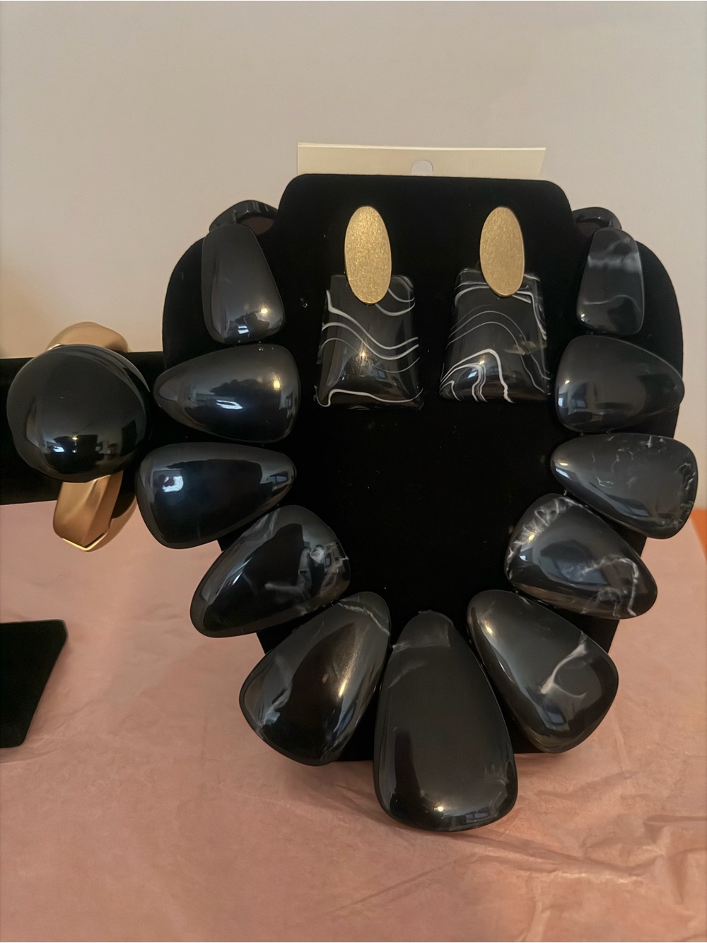 Black Statement Resin Necklace Earrings Set and bracelet